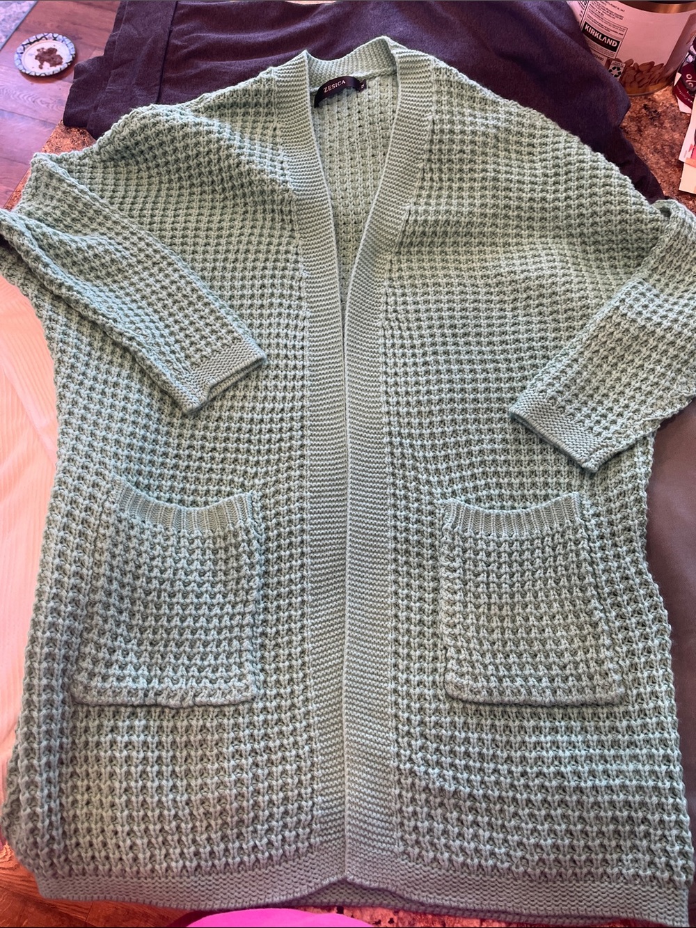 Teal/moss  Open-Front Waffle Knit Cardigan Sweater